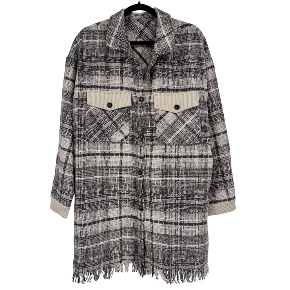Women's Neutral Plaid Fringe Hem Shacket XL Boho Minimalist Western Cabin Core